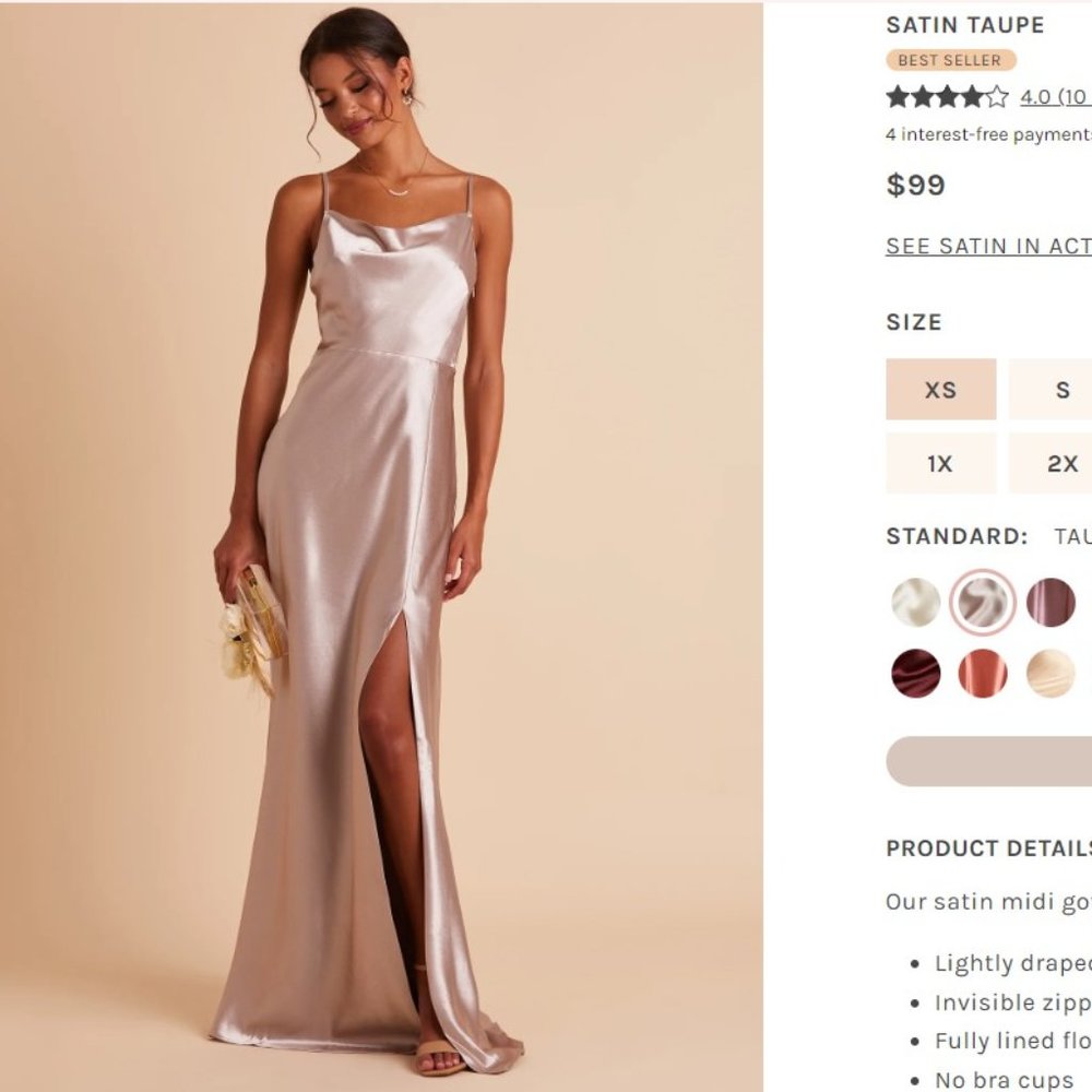 Birdy Grey: LISA LONG DRESS SATIN TAUPE size Large bridesmaids dress